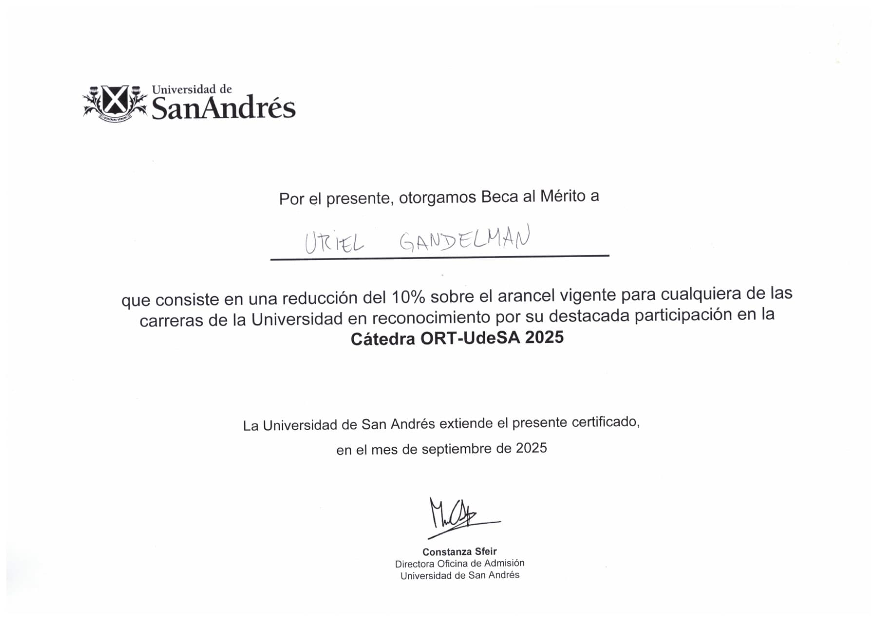 Universidad de San Andres merit scholarship certificate for Uriel Gandelman