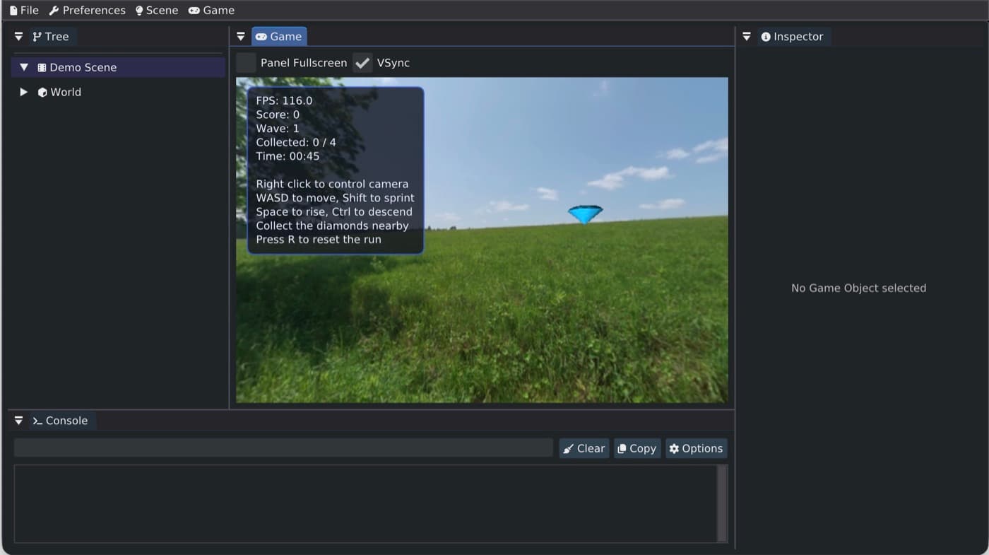 HydroEngine editor showing a 3D demo scene with performance UI