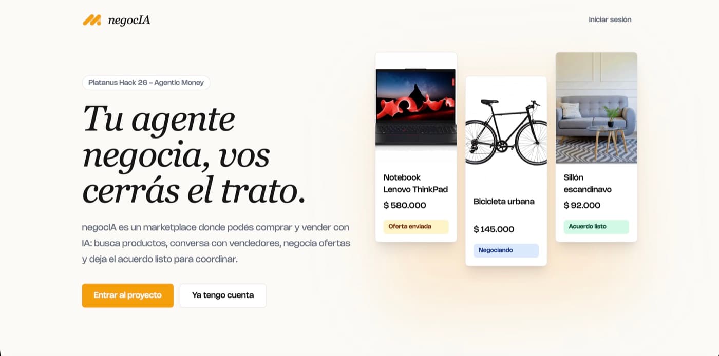 NegocIA marketplace landing page with AI negotiation product cards