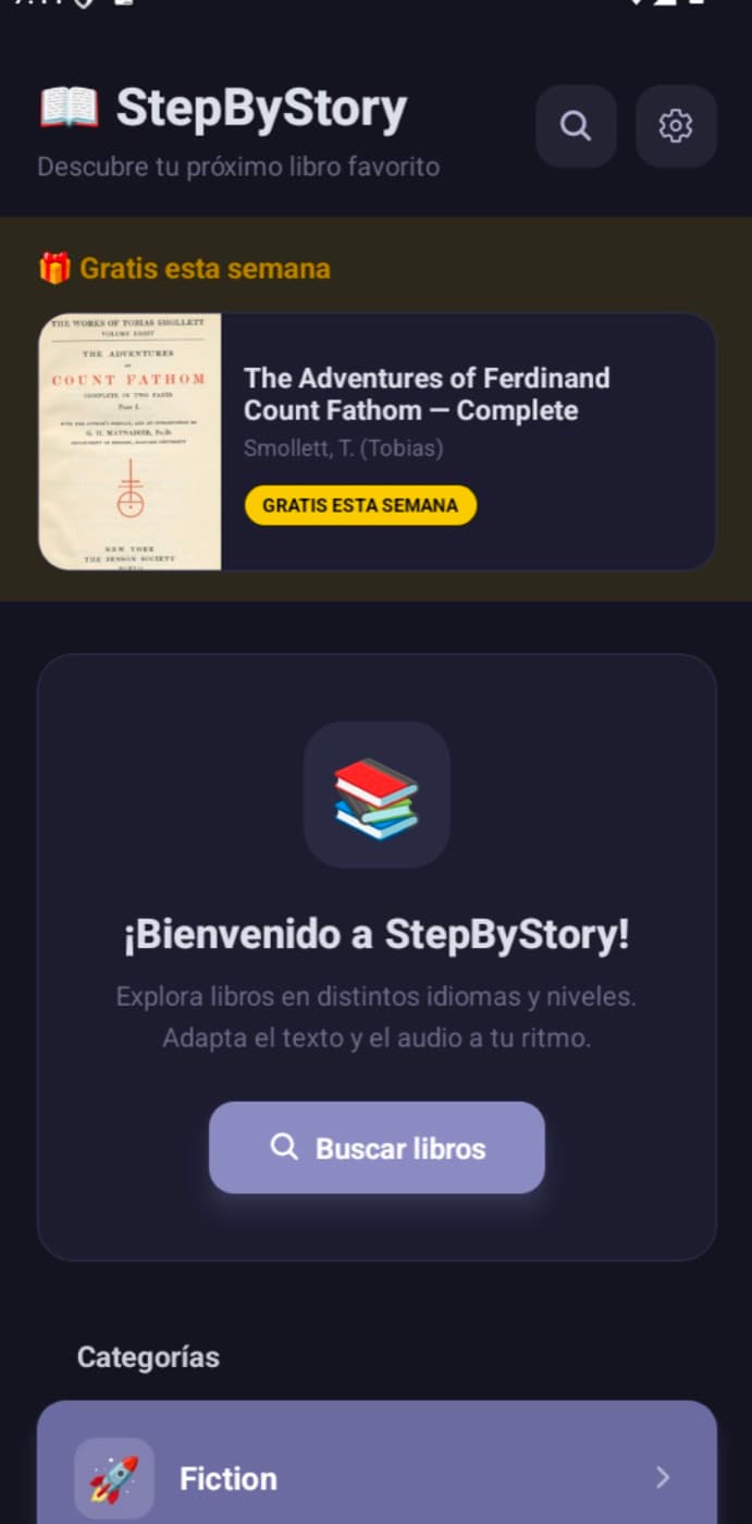 StepByStory mobile app interface with book discovery and categories